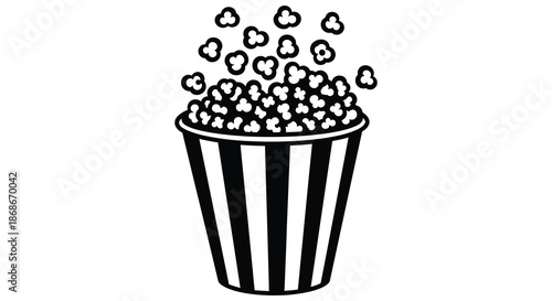 A black and white graphic of a striped popcorn bucket overflowing with fluffy kernels silhouette