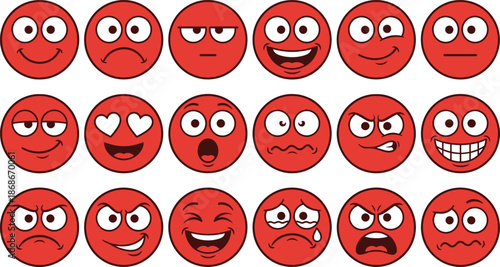 Red emoji faces vector set showing multiple emotions expressions icons collection for social media reactions stickers messaging design usage