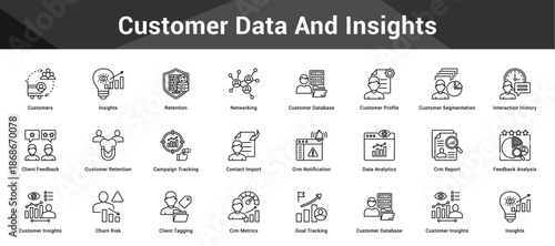 Customer Data And Insights Cohesive set of minimalist vector icons representing key ideas with visual clarity