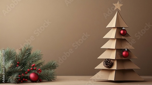 A decorative cardboard Christmas tree with ornaments beside pine branches. Simple style on a neutral background. Christmas decor and craftwork, eco friendly, sustainable, zero waste concept.