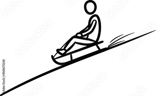 Simple stick figure illustration showing a person enjoying a thrilling descent down a snowy slope while riding a traditional wooden sled or toboggan during winter recreation time.