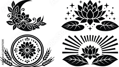 Spiritual lotus floral ornament set illustration, sacred symbols with leaves, mandala style, minimalist black vector collection