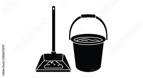 A simple black and white illustration depicting a bucket and mop a cleaning tool silhouette