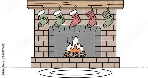 Five colorful christmas stockings with snowflake designs are hung neatly above a roaring brick fireplace with burning logs ready for santa claus to arrive on christmas eve