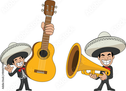 Smiling mariachi musicians playing guitar and trumpet cartoon vector illustration isolated on white background for mexican festival music branding design