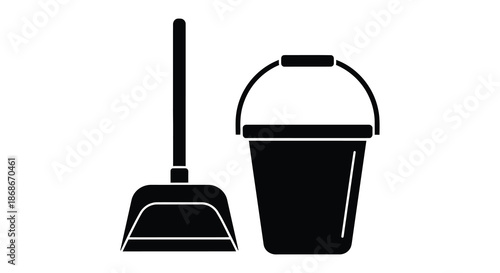 A simple depiction of a cleaning bucket and brush presented in a dark silhouette