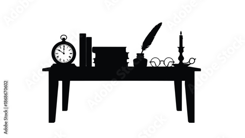 Silhouette of a desk with a clock, books, quill pen, and candlestick on a isolated on white background