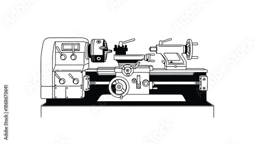 Black and white line drawing of an industrial metal lathe machine on a isolated on white background