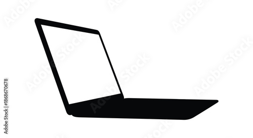 A simple stark depiction of a modern open laptop computer in black silhouette