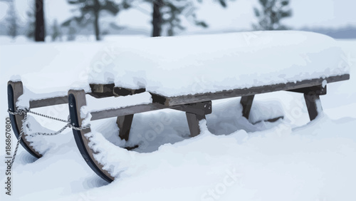 Wooden snow sled resting abandoned in deep fresh powder on a cold winter day suggesting holiday recreation and seasonal outdoor activity waiting for sunlight.