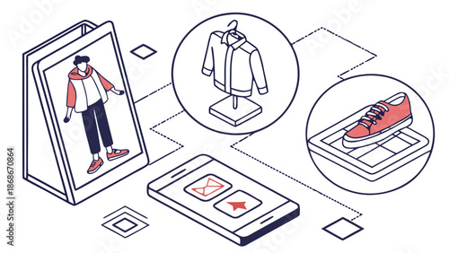 Augmented Reality Online Fashion Shopping Isometric Illustration,  Augmented reality in online fashion shopping, showing a virtual try-on on a tablet, product scans, and a smartphone interface