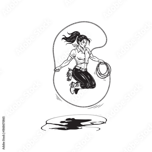 Cowgirl jumping rope with a lasso in an action pose