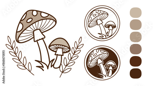 Brown Line Art Mushrooms and Foliage Illustration Set, Spotted mushrooms and leafy branches, including two circular emblems and a color palette swatch 
