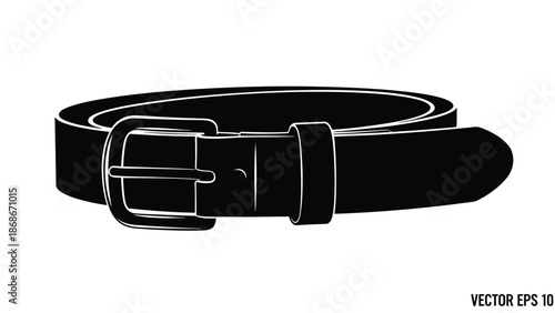 Black leather belt silhouette with buckle flat vector isolated on white background