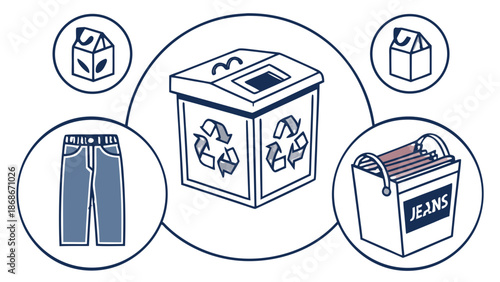 Jeans Recycling and Donation Bin Icon Set, Sustainable Denim,  Pair of jeans, a recycling bin with arrows, a tote bag labeled 'JEANS', and small cartons. Navy and red outline style