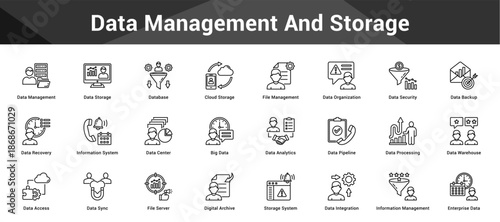 Data Management And Storage Cohesive set of minimalist vector icons representing key ideas with visual clarity