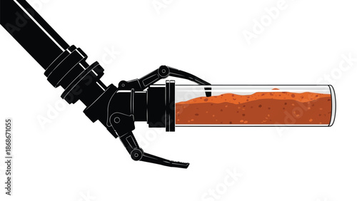 Robot arm holding a test tube with brown liquid, flat illustration isolated on white background