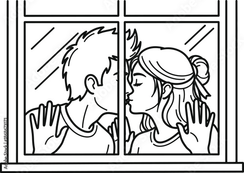 Couple shares a tender moment kissing through a window pane with hands pressed against the glass symbolizing separation and longing during quarantine or lockdown situations