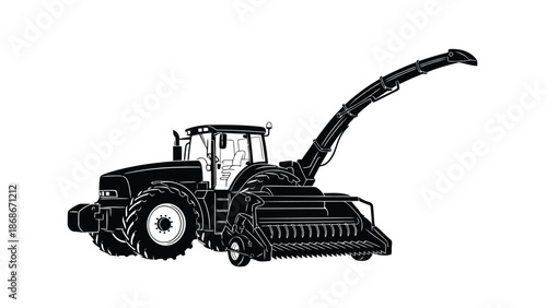 Silhouette of a large tractor with a hay mower attachment in a flat illustration style on a isolated on white background