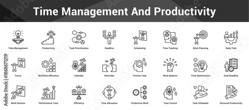 Time Management And Productivity Cohesive set of minimalist vector icons representing key ideas with visual clarity