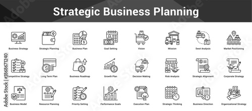 Strategic Business Planning Cohesive set of minimalist vector icons representing key ideas with visual clarity