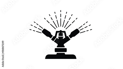 Black silhouette of a sprinkler head with water spraying out, icon symbol isolated on white background