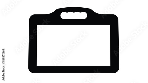 Black silhouette of a rectangular name tag with a handle isolated on white background