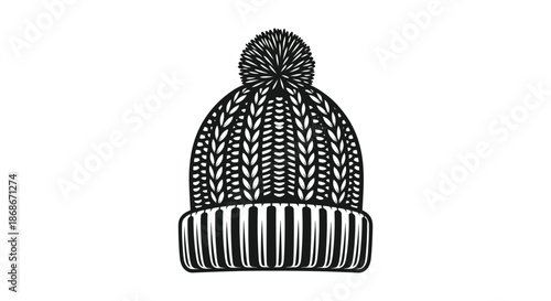 A detailed black and white illustration showcases a knitted winter beanie hat design silhouette