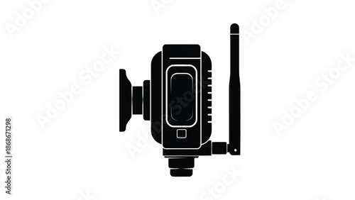 Black silhouette of a dashcam with antenna isolated on white background