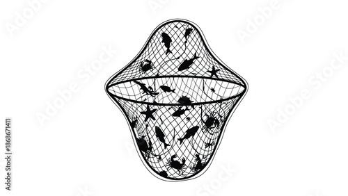 Black fishing net with fish on flat design isolated on white background