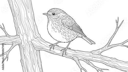 Detailed black and white line art illustration depicting a small, plump songbird perched calmly upon a thick, textured tree branch against a completely white background ready for coloring activities.