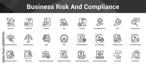 Business Risk And Compliance Cohesive set of minimalist vector icons representing key ideas with visual clarity
