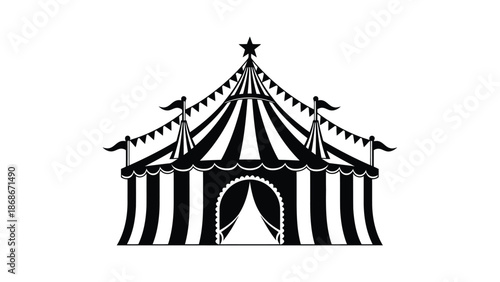 Black and white striped circus tent silhouette with star and flags isolated on white background