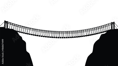 Black silhouette of a suspension bridge between two cliffs on a isolated on white background