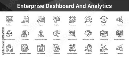 Enterprise Dashboard And Analytics Cohesive set of minimalist vector icons representing key ideas with visual clarity