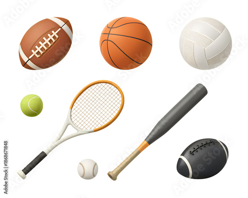 3d sports equipment icons set featuring various popular sports items