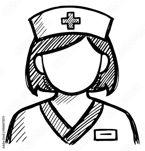 Hand drawn line art illustration of a nurse depicting a healthcare professional for medical concepts