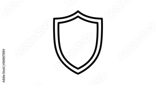 A simple black and white line drawing depicts a classic shield shape a protective emblem silhouette