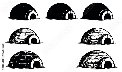 Hand drawn igloo set featuring different styles of ice houses for winter design