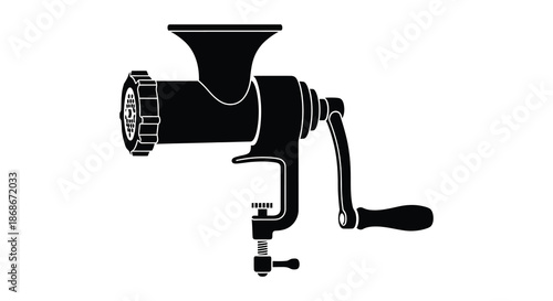 A detailed black and white illustration of a vintage manual meat grinder silhouette