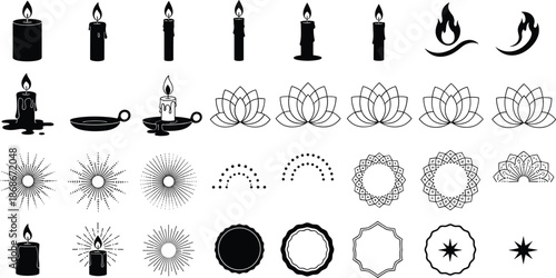 Black and white candle and lotus flower illustrations with decorative elements