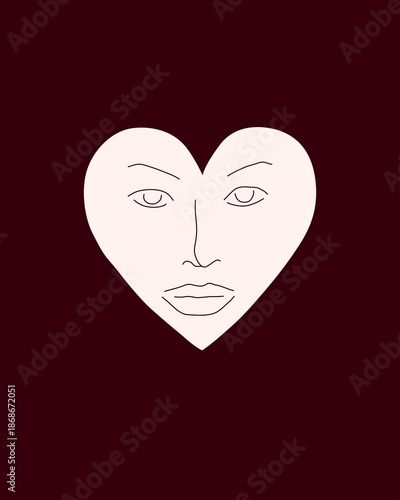 Vector Valentine's Day poster featuring a minimalist face in a heart. Symbolizes inner love, psychological depth, and the duality of human emotion and romance.