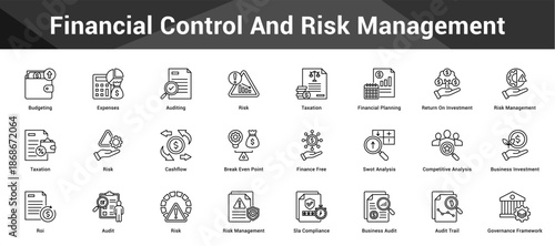 Financial Control And Risk Management Cohesive set of minimalist vector icons representing key ideas with visual clarity