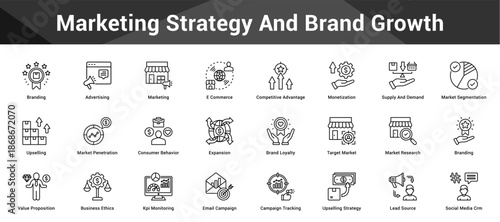 Marketing Strategy And Brand Growth Cohesive set of minimalist vector icons representing key ideas with visual clarity