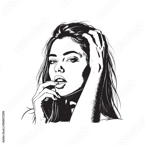 Bold black and white portrait of a woman with hand on her head