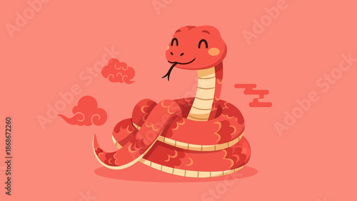Happy Cartoon Red Snake Character with Chinese Clouds on a Pink Background