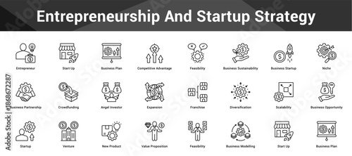 Entrepreneurship And Startup Strategy Cohesive set of minimalist vector icons representing key ideas with visual clarity