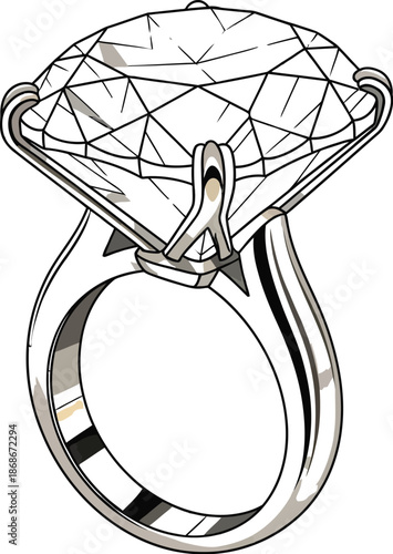Exquisite illustration of a brilliant round cut diamond engagement ring mounted on a simple polished metal band featuring elegant prong settings highlighting luxury and timeless commitment.