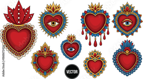 Set of traditional mexican sacred heart milagros with religious eyes and ornate gold crowns isolated on white background for spiritual and folk art vector.