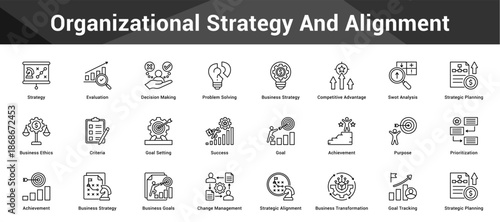 Organizational Strategy And Alignment Cohesive set of minimalist vector icons representing key ideas with visual clarity